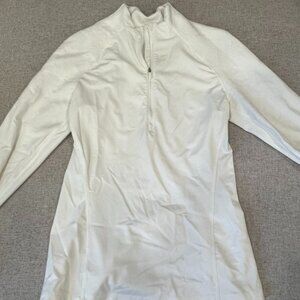 Lulu lemon white fitted quater zip with pattern/ design on shoulders